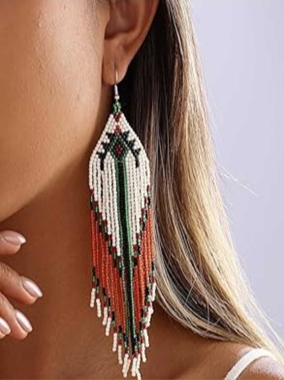 Long Beaded Earrings Aztec Southwestern Bohemian South Western Glass Seed Beads
